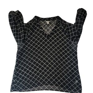 Old Navy Womens XL‎ Sheer Black White Diamond Grid Puff Sleeve V-Neck Blouse Top